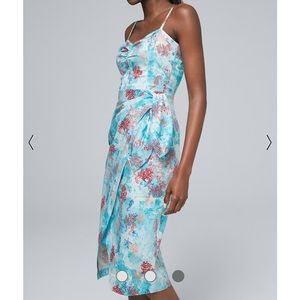 WHBM Ocean Coral Printed Faux Wrap Sateen Midi Dress